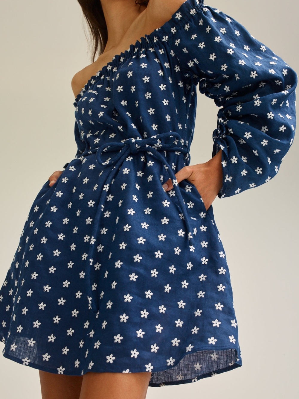 Scanlan Theodore Navy Blue Dress with White Floral Embroidery
